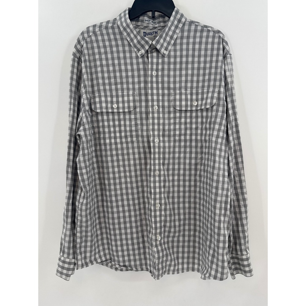 Duluth Trading Co Untucked Shirt Mens XL Grey Gingham Plaid Button Down Standard
